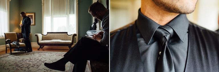 Best man reviews his speech as groom gets ready and close up of tie at Bryn Athyn wedding