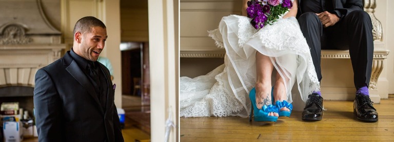 Collage of groom's reaction at first look and also a detail shot of bride and groom shoes.