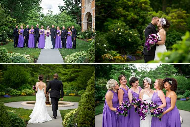 Collage of bridal party portraits and bride and groom in Cairnwood Estate's beautiful garden.
