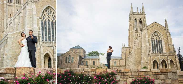 Bride and Groom pose in front of Bryn Athyn Cathedral