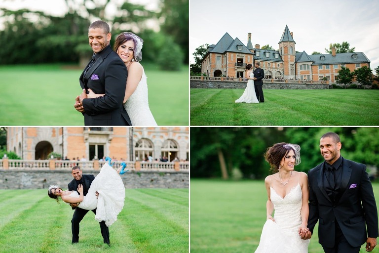 Bride and groom wedding photos on lawn at Cairnwood Estate in Bryn Athyn, PA