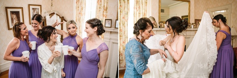 Bride gets ready with mom and bridesmaids at Cairnwood Estate.