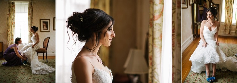 Small collage of beautiful bride putting on the finishing touches at her Cairnwood Estate wedding.