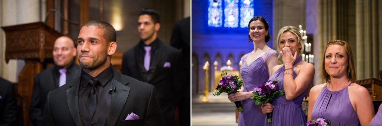 Collage includes a photo of the groom and bridesmaids watching the bride walk down the aisle 