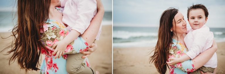 A collage shows the details of a mom holding her son on the beach in New Jersey