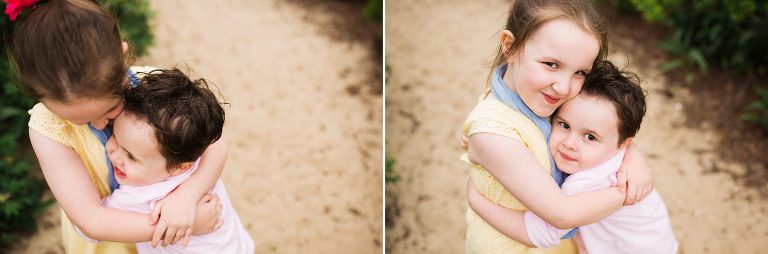 Brother and sister hug at Belmar beach family session