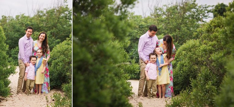 Family poses in greenery at Belmar Beach family session with Kaleidoscope Imagery